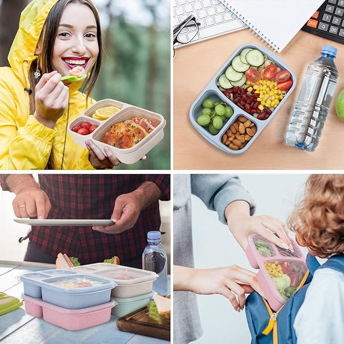 buluker 8 Pack Bento Lunch Box Set 3 Compartment Wheat Straw Meal Prep Food Storage Containers Plastic, Microwave and Dishwasher Safe(light colour)
