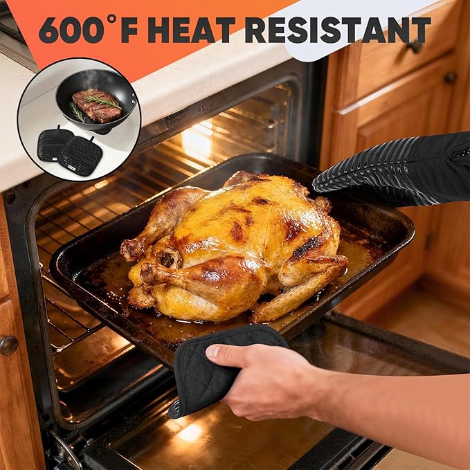 Oven Mitts Kitchen Towels and Dishcloths with Pot Holders Sets, Oven Gloves Hot Pads 500°F Heat Resistant with Silicone Grip, Include 2 Cooking Gloves/2 Potholders/4 Kitchen Towels/4 Dish Towels