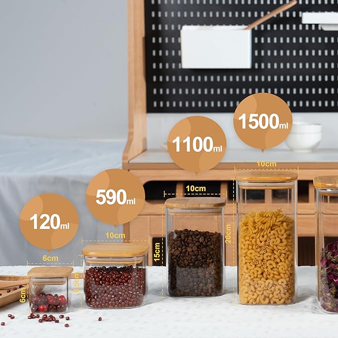 D2scrma 5oz Airtight Square Spice Containers with Bamboo Lid Set of 12 with Black Lables Storage Stackable Spice Jar, Kitchen Canister for Sugar, Tea, Flour, Salt and Seasonings (Clear Glass)