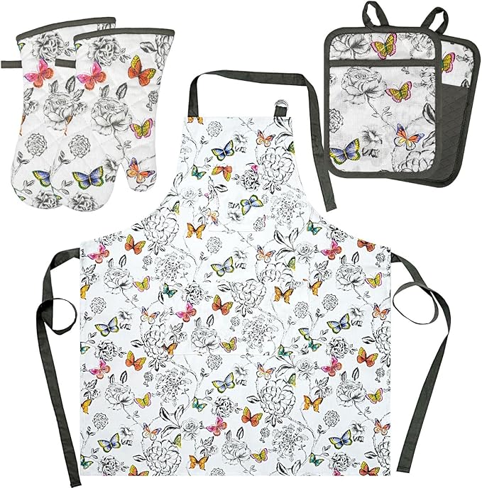 Alselo Oven Mitts and Pot Holders with Chaf Apron,Set of 5 Heat Resistant Kitchen Gloves and Silicone Non-Slip Potholders Adjustable Neck Buckle Apron, Cotton Nice Design for Cooking (Butterfly)