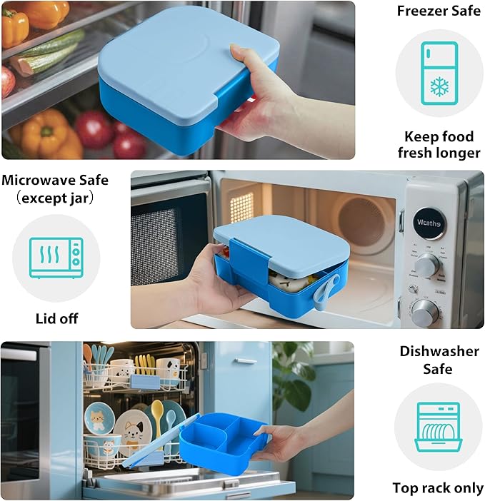 TinyPalsa Bento Box for Kids with 10oz Thermos, Durable Lunch Box with Leak Proof Insulated Food Jar, 3 Compartments with Portable Handle for Ages 3+, Dishwasher Safe, Ideal for School, Travel (Blue)