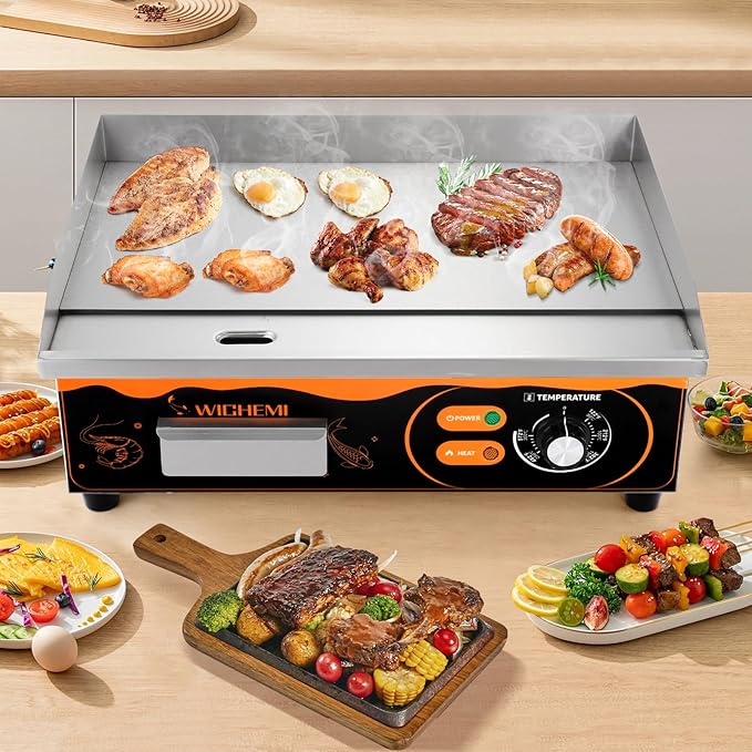 WICHEMI 22" Electric Grill Commercial Countertop Griddle Flat Top Grill Hot Plate Non-Stick Stainless Steel Teppanyaki Grill for Restaurant Kitchen, 110V 3000W