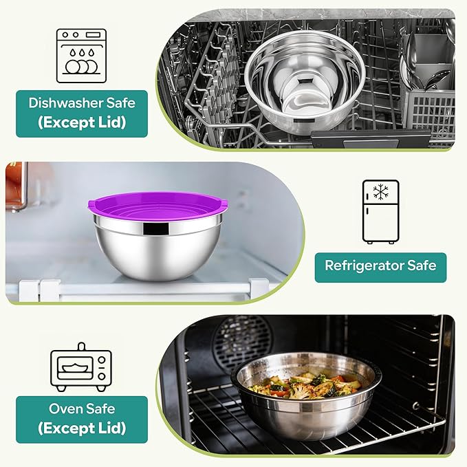 E-far Mixing Bowls With Lids Sets of 5, 10-Piece Stainless Steel Salad Metal Nesting Bowl for Baking Cooking and Prepping, Airtight Lid & Stackable Design, Size 4.6, 3, 2.1, 1.5, 0.7 QT, Colorful