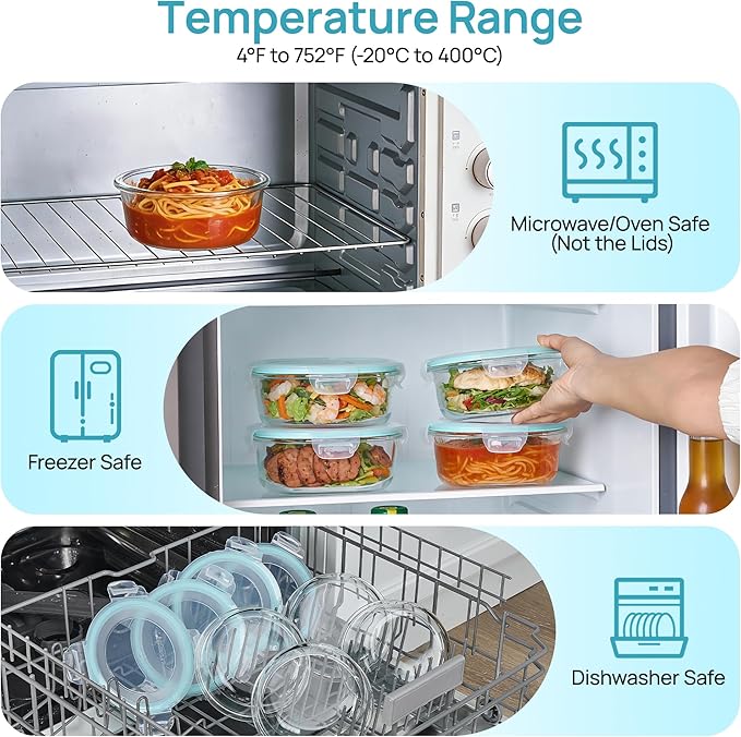 Vtopmart 5Pack 22oz Glass Storage Containers with Lids, Glass Meal Prep Food Container Sets with Snap Airtight Lids for Microwave, Oven, Freezer and Dishwasher, Green, Round