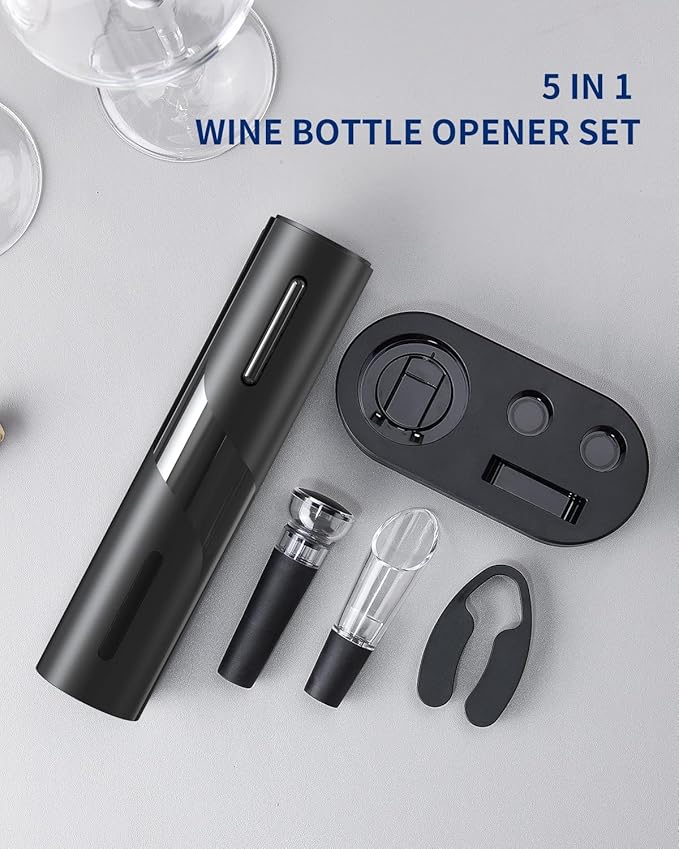 Electric Wine Bottle Opener Rechargeable Wine Corkscrew Opener Gift Set with Foil Cutter, Wine Aerator Pourer and Vacuum Wine StopperIdeal Present for Party, and Home Entertaining.(BLACK)