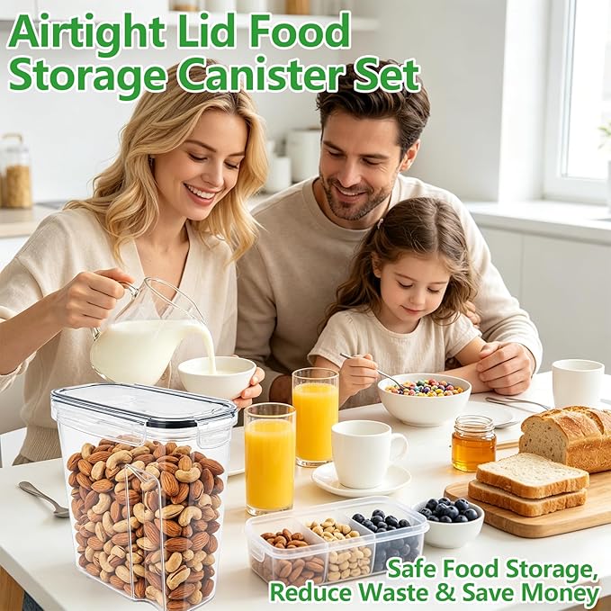 4 Pack 4L/135oz Cereal Storage Containers, Airtight BPA Free Plastic Cereal Dispenser with Lids, Large Dry Food Storage Canister for Pantry, Rice, Flour, Sugar, Pasta