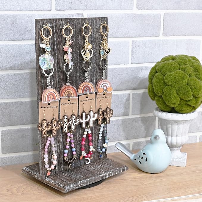Ikee Design Wooden Rotating Two-Sided Jewelry Display Stand, Rotating Organizer with 32 Hooks for Store, Earring Keychain Display with Hooks, Coffee color, 9 W x 7.5 D x 16.5 H in