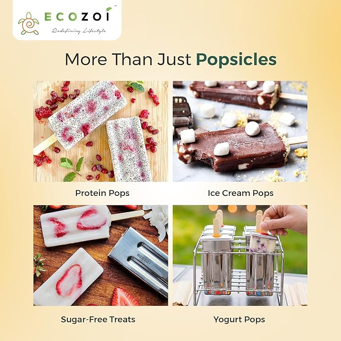 Ecozoi Stainless Steel Popsicle Molds and Rack - 6 Square Ice Pop Makers + 30 Reusable Bamboo Sticks + 12 Silicone Seals + 1 Cleaning Brush +1 Rack
