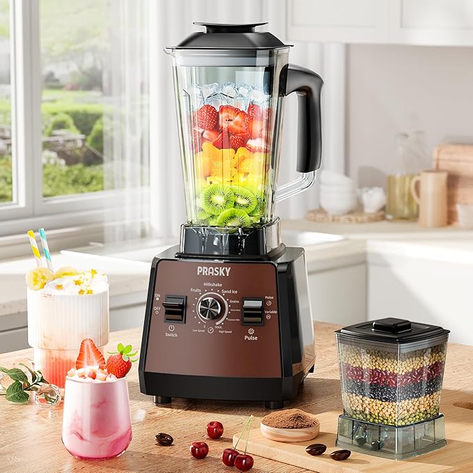 Blenders for Kitchen, Smoothie Blender, 2400W/1000W Prasky Blender & Grinder Combo, 25,000 RPM High Speed, 68oz BPA-Free Food Processor, Countertop Blender for Smoothies, Shakes & Food (Brown, 2L)