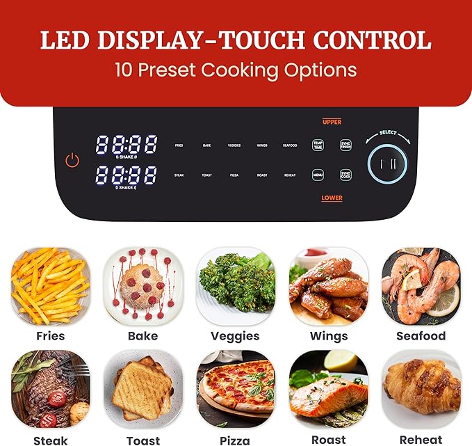 Elite Gourmet Dual Stacked Air Fryer, 10.5 Qt Total Capacity, PFAS-Free Nonstick Baskets, Sync Cook & Sync Finish, 10 Presets, 1700W, Black