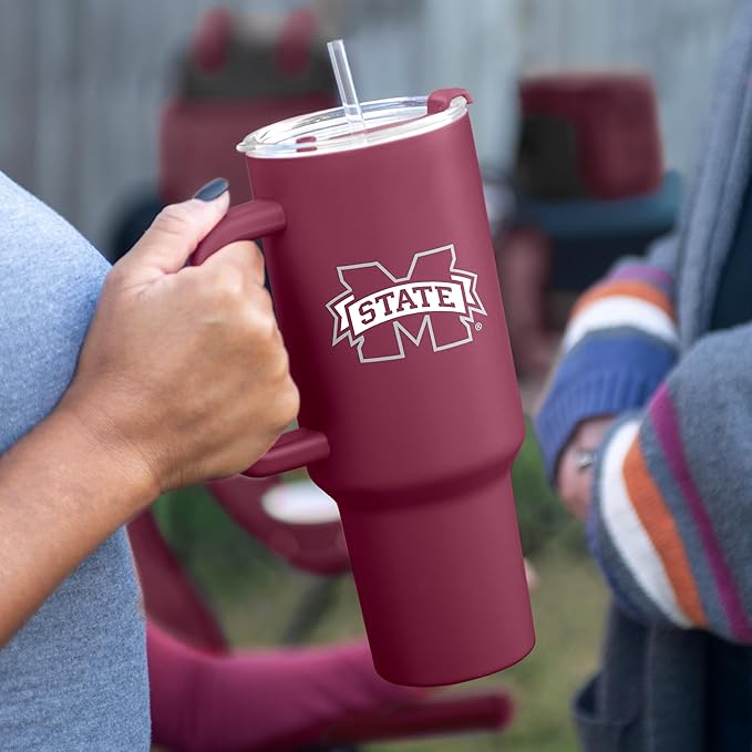 Logo Brands NCAA 40 oz Tumbler with Handle -Stainless Steel Insulated Travel Tumbler with Straw Lid – Powder Coated, Leak-Resistant, Keeps Drinks Hot/Cold – Great for Tailgating, or Everyday Use