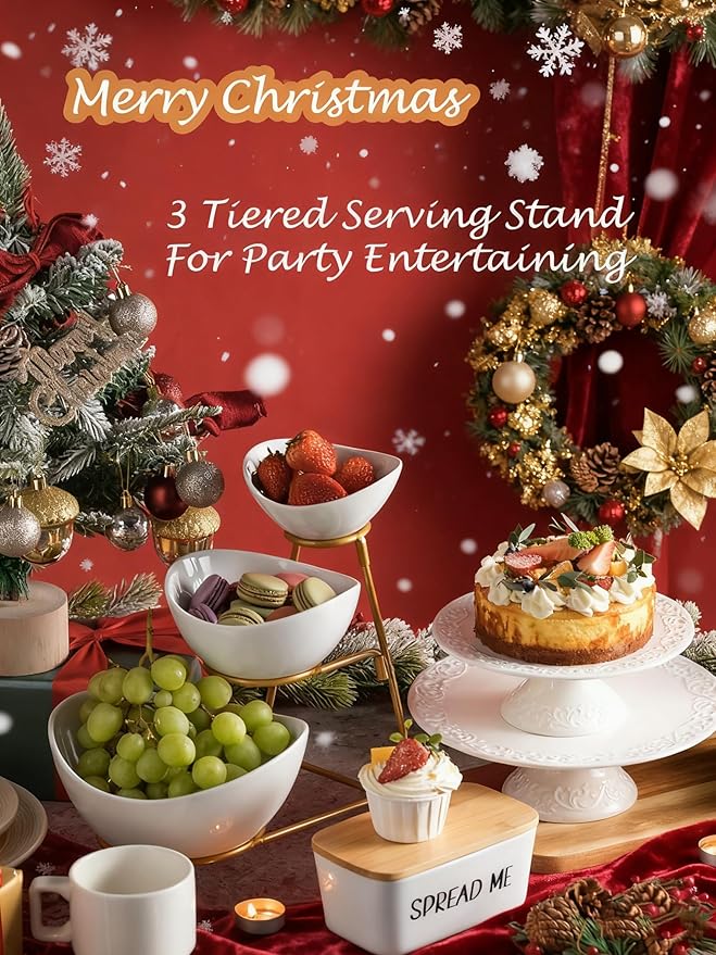 Gomakren 3 Tiered Oval Serving Bowl with Collapsible Metal Rack, Chip and Dip Serving Set, Dessert Appetizer Bowl Set (45oz / 17.5oz / 7oz), White Serving Bowls For Entertaining (Gold Stand)
