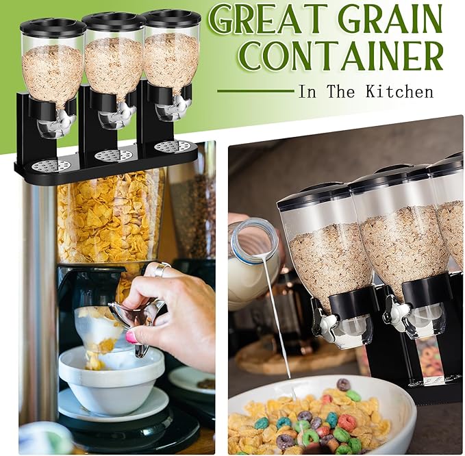 Umigy 1 Pack Triple Indispensable Dry Food Dispenser 67oz Each Capacity Cereal Container for Storage Preserving Dispensing Kitchen Rice Candy Nuts Dog Food Granola Snack Gumball Countertop (Black)