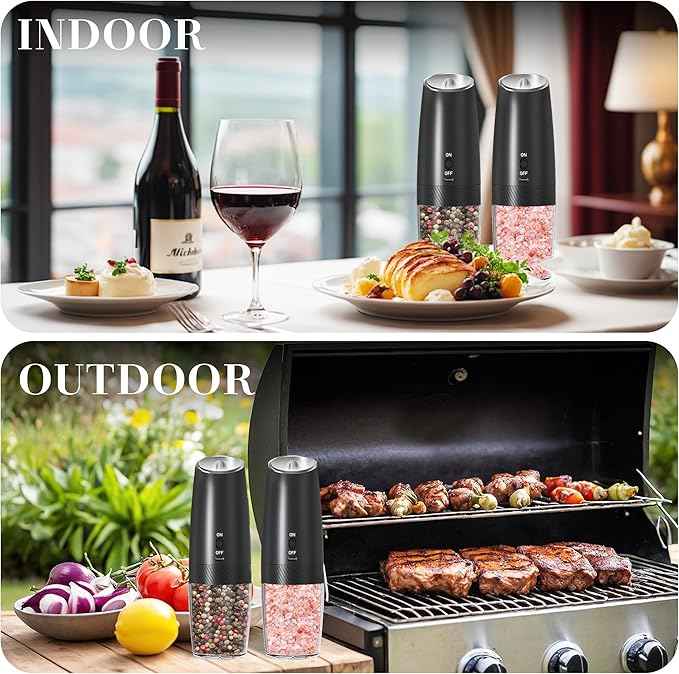 Rechargeable Salt And Pepper Grinder Set, Gravity Electric Salt And Pepper Grinder Set Electric, Salt And Pepper Shakers Set Electric, Adjustable Coarseness, LED Light, (Black+Black)