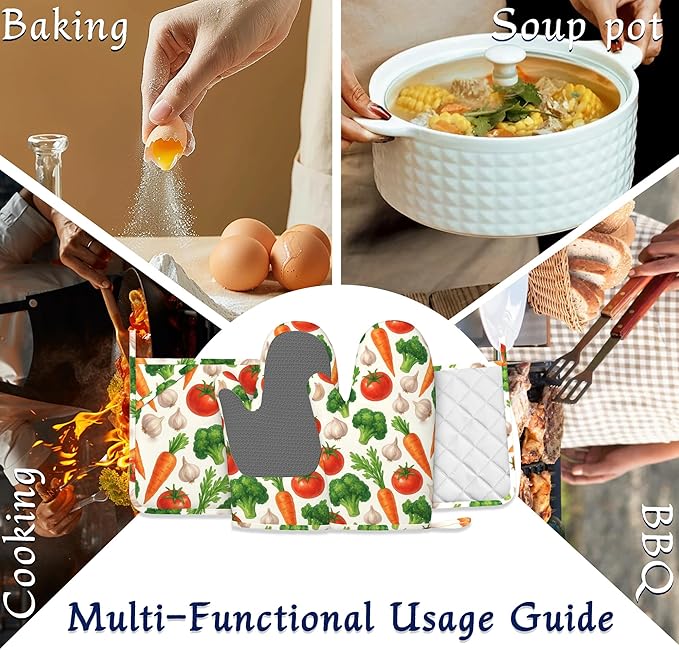 Vegetables Oven Mitts and Pot Holders Sets of 4 Tropical Tomato Carrot Heat Resistant Silicone Oven Mits Gloves Non-Slip Kitchen Mittens Potholders for Cooking Baking Grilling BBQ