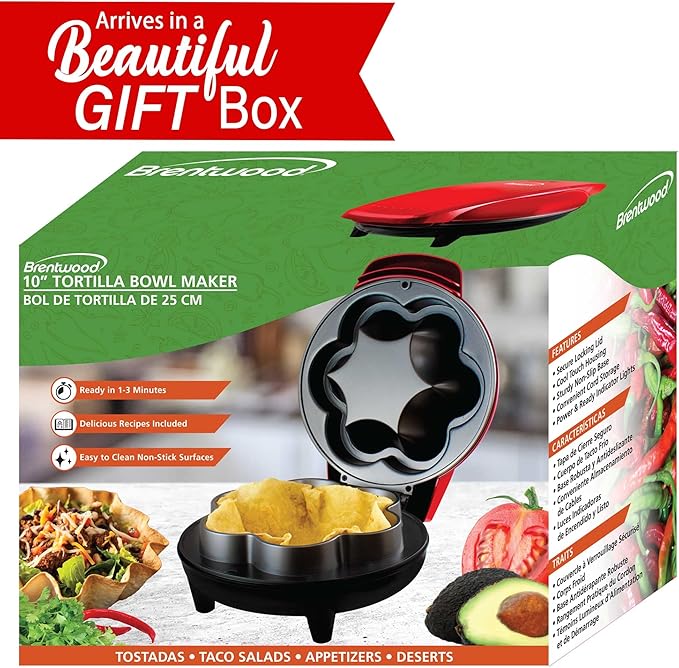 Brentwood TS-257R TS-257R 10-In. 750-Watt Electric Tortilla Taco Bowl Maker for Tostadas, Salads, Appetizers, Dips, and More, Red