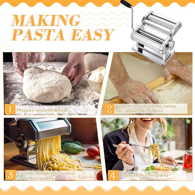 Hushee 8 Pcs Pasta Maker Machine Set Including Stainless Steel Noodle Maker Machine Wood Pasta Drying Rack Ravioli Stamp Maker Cutter with Pasta Cutter Wheel Mini Rolling Pin Cleaning Brush