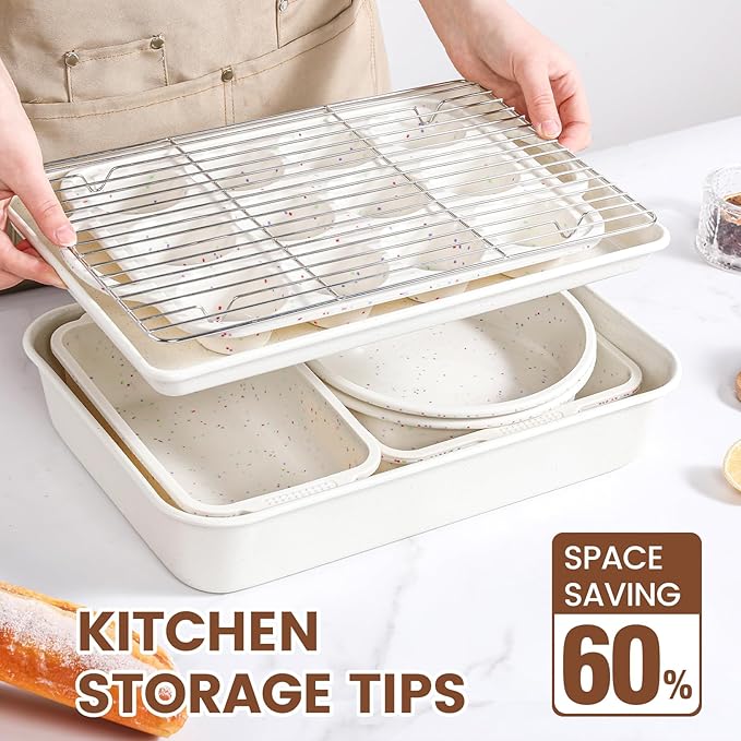 Vinino 8-Piece Baking Pans Set Nonstick, Bakeware Set includes Silicone Muffin, Loaf, Cake Pans with Metal Reinforced Frame, and Carbon Steel Roasting Pan, Cookie Sheet, Cooling rack for Oven-Cream