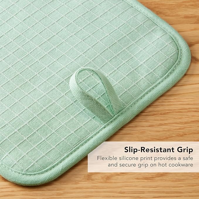 KITCHENAID Gourmet Series Gridlines Pot Holders 2-Pack Set, Heat Resistant up to 600°F, Soft Silicone Grip, Magnetic Cuff, Pistachio Green, 8"x8"