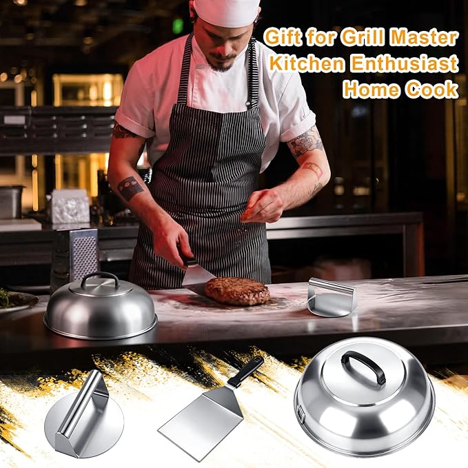 3 Pcs Smash Burger Kit 12" Cheese Melting Cover and 8.5" Burger Press with Grill Spatula Basting Cover, Stainless Steel Hamburger Turner, Melting Dome, Accessories Kit for BBQ Kitchen