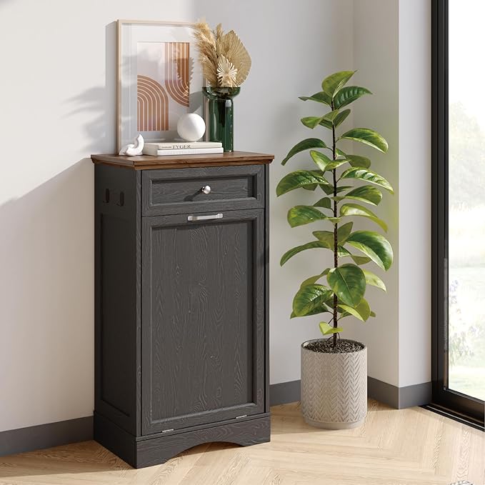 NEWOWNDS Tilt Out Trash Can Cabinet 10 Gallon Hidden Trash Garbage Can Cabinet with Drawer,Pet Proof Hidden Garbage for Kitchen,Laundry Bathroom (Black - with Feeding Bowls, Single Door)
