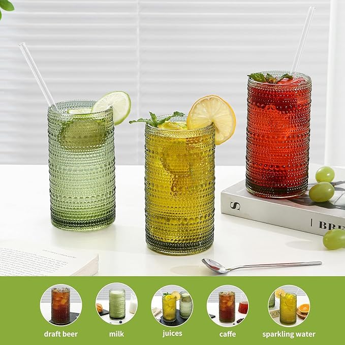 16oz Green Hobnail Drinking Glasses with Straws Set of 12, Highball Glasses Cups, Kitchen Water Glasses Cup, for Cocktail, Juice, Whiskey, Milk and Various Mixed Drinks