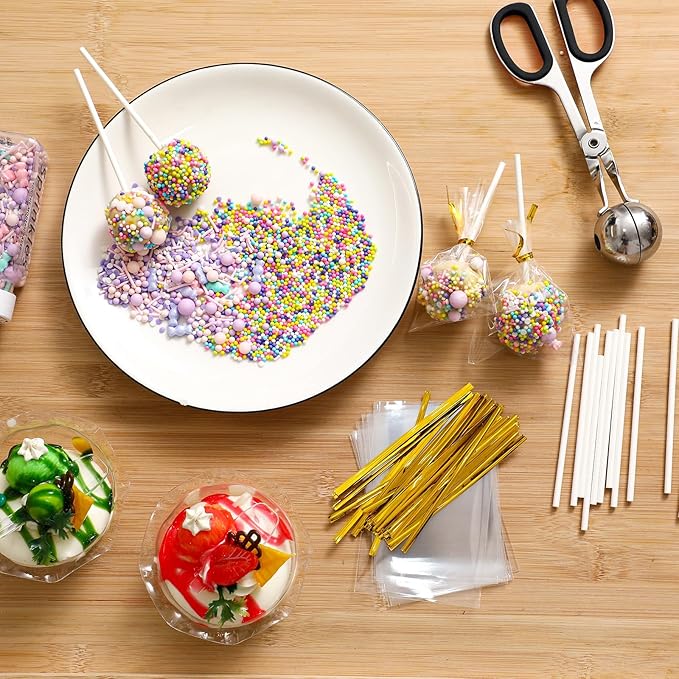 Yinkin Cake Pop Mold Sticks and Wrappers Cake Pop Kit Set Include 100 Parcel Bags 100 Papery Treat Sticks Metallic Twist Ties Scooper Ball Maker Lollipop Tools for Candy Chocolates and Cookies(Black)