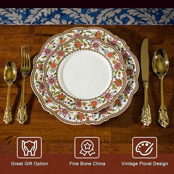 ACMLIFE Bone China Dinnerware Set for 4, 12-Piece Vintage Floral Dinnerware Set, Kitchen Plates and Bowls Set, China Plates Set, Mother's Day, Gifts for Women, Thanksgiving Dinnerware Sets(Pink)