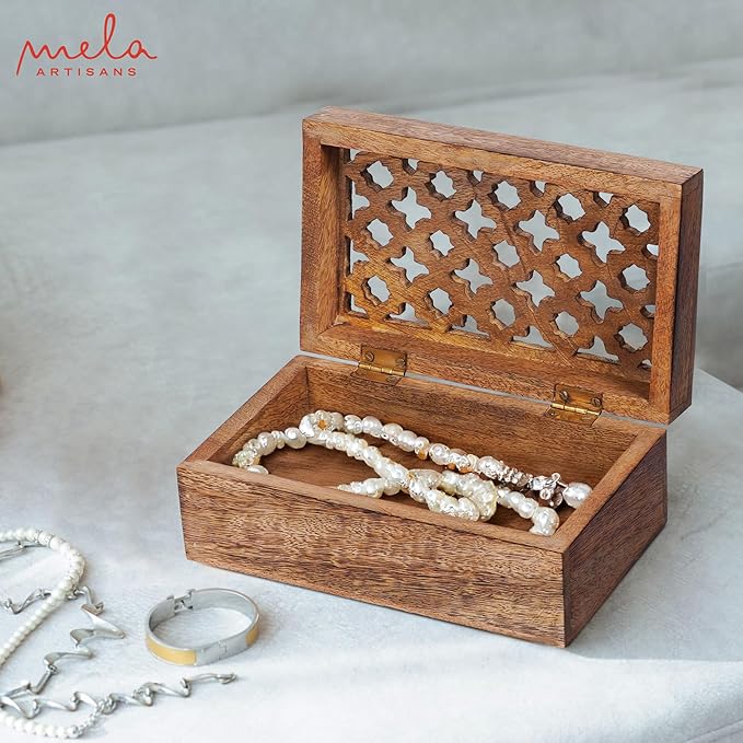 Mela Artisans Medium Burnt Wooden Keepsake Box | Handmade Decorative storage box for Jewelry, Photos & Letters | Trinket Storage Box with Hinged Lid |Medium | Trellis Design | 7.5 x 4.5 x 3