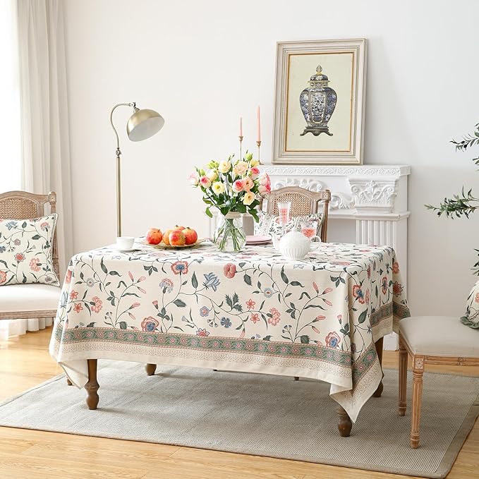 ISAENNE Designer Chinoiserie Linen Floral Small Square Tablecloth,White Wrinkle Resistant Table Cloth,Elegant Decor Tablecloths for Dining Thanksgiving Kitchen Party Christmas,55"*55"-Daffy