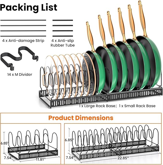 MUDEELA Pots and Pans Organizer Rack for under Cabinet, Expandable Pot Lid Kitchen Cabinet Organizer Holder with 14 Adjustable Compartment Cutting Board Organizer for Pan Lid, Bakeware