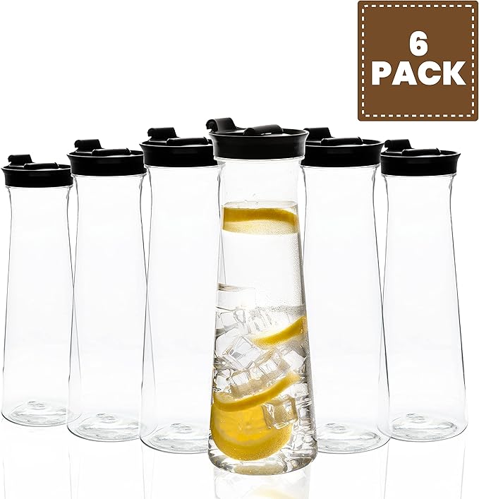 Clear Plastic Water Pitchers Carafes with Flip top Black Lids 34 OZ Heavy Duty Beverage Pitcher Jug for Juice or iced Coffee Great for Mimosa bar Restuarants ot Schools Pack of 6
