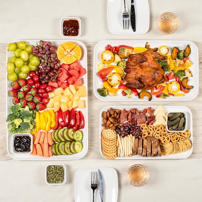 DELLING Serving Platter Set 18/16/14 Inch, Large White Porcelain Serving Trays for Entertaining, Rectangular Platters for Turkey Fruit Appetizer Party Wedding, Microwave Oven Dishwasher Safe, 3-Pack