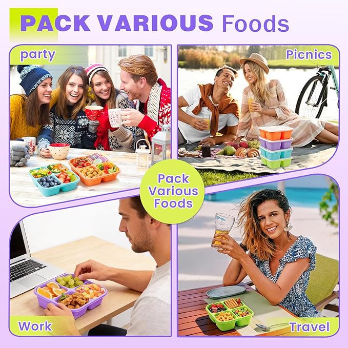 4 Pack Snack Containers Bento Box Adult Lunch Box,Meal Prep Container, Reusable Food Storage lunch Containers Stackable for Work, Travel and Gym (Orange, Green, Purple, Grass Green)