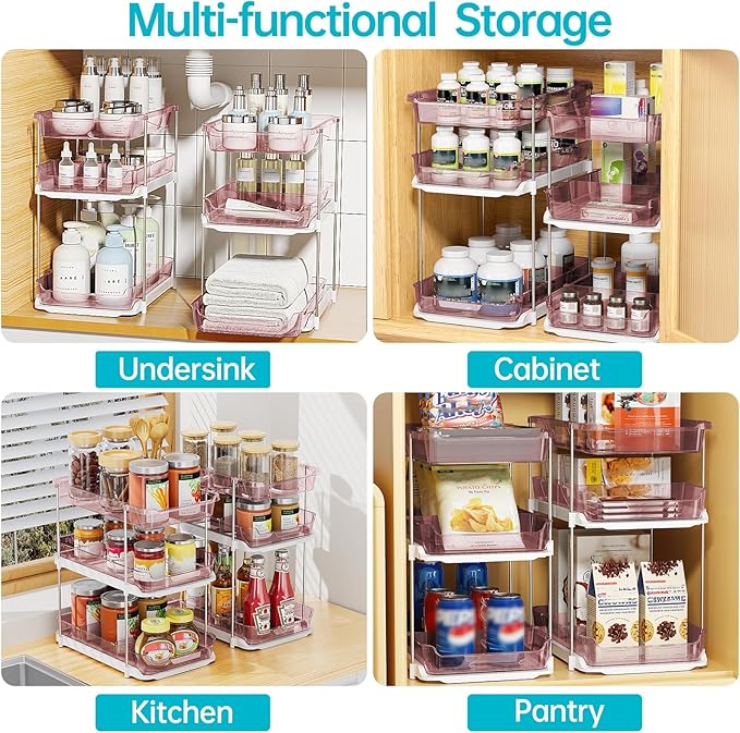 Delamu 2 Pack 3-Tier Bathroom Under Sink Organizers and Storage, Multi-Purpose Stackable Pantry Organization and Storage, Pull Out Clear Kitchen Bathroom Cabinet Organizer with Movable Dividers, Pink