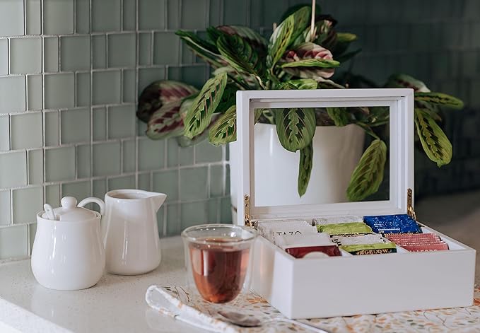 Break Tradition Wooden Tea Organizer For Tea Bags - Wooden Tea Chest With 6 Compartments - Clear Top Window - Lid Stays Open (White)
