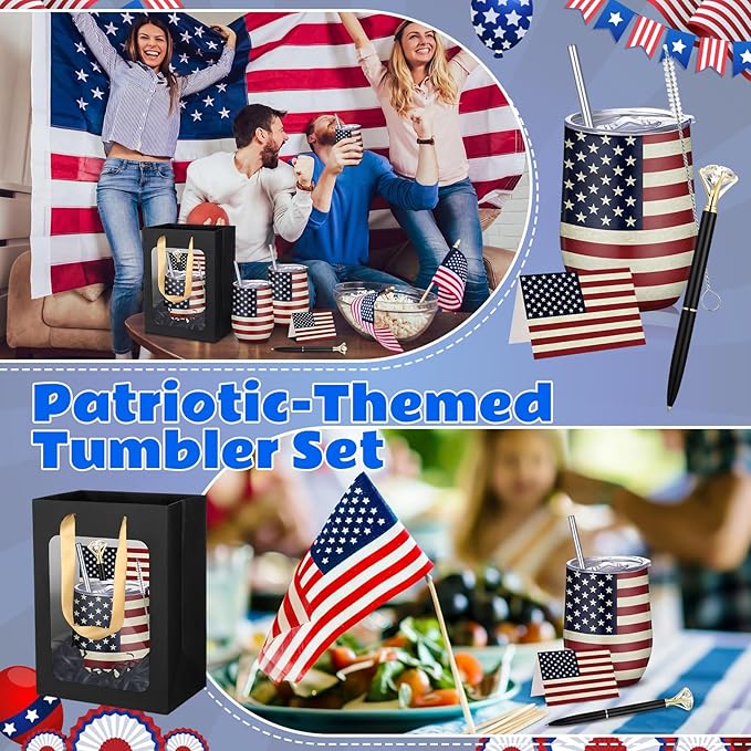 Patelai 30 Pcs 2026 American Flag Pattern Cups Gift Set for Men Women 12oz Stainless Steel Tumbler Mug Cups with Lid and Straw Pens and Card Set with Gift Bags for 4th of July 250th Memorial Day