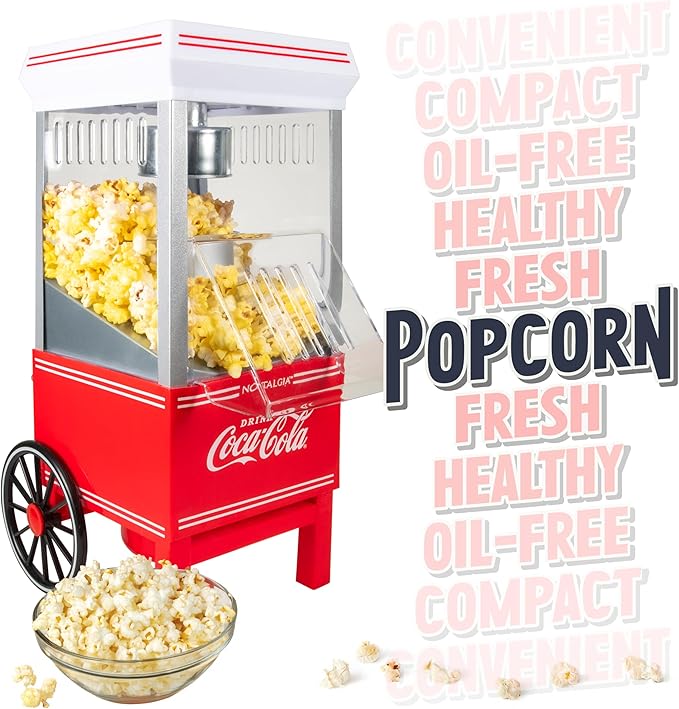 Nostalgia Vintage Coca-Cola Hot-Air Popcorn Maker Machine - Makes Up to 12 Cups - Oil-Free - Healthier Popcorn - Classic Stand-Up Cart With Wheels - Includes Kernel Measuring Cup - White & Red