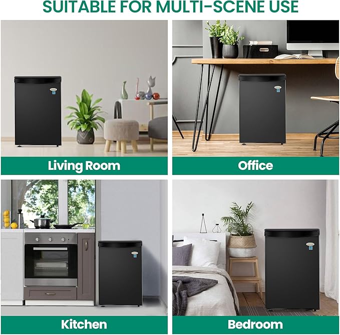 roomwell E-Star 2.6 Cu Ft Mini Fridge without Freezer - Black Mini Fridge AUTO DEFROST, Reversible Single Door, Glass Shelf Refrigerator - A Space-Saving Marvel for Your Bedroom, Dorm, and Office