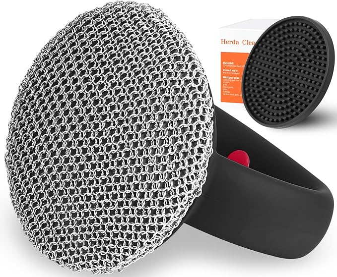 Cast Iron Cleaner Scrubber+Tray with Handle, Welded Chainmail Scrubber for Pan Pot Oven Wok Cleaning- Small Ring Chain Scrub Metal Brush Iron Skillet Steel Wool Scrubber Steel Sponge