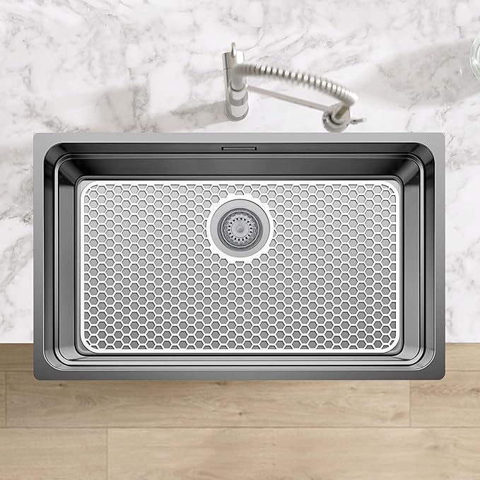 Bestjing Silicone Sink Protectors for Kitchen Sink - 26"x 14" Kitchen Protector Accessory, Non-Slip Heat Resistan Mat for Bottom of Farmhouse Stainless Steel Porcelain (Rear Drain Hole,White)