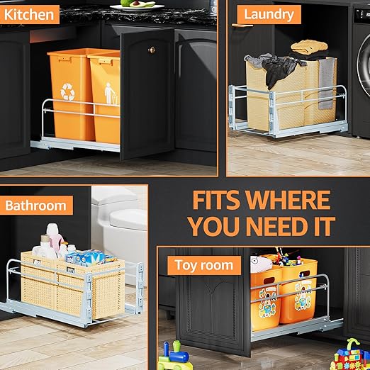 Double Pull Out Trash Can Under Cabinet with Door Mounting Kit,Under Sink Trash Can for Kitchen with Soft-Close Slides, Not Included Can,Requires Minimum Cabinets Opening 16" W X 24" D