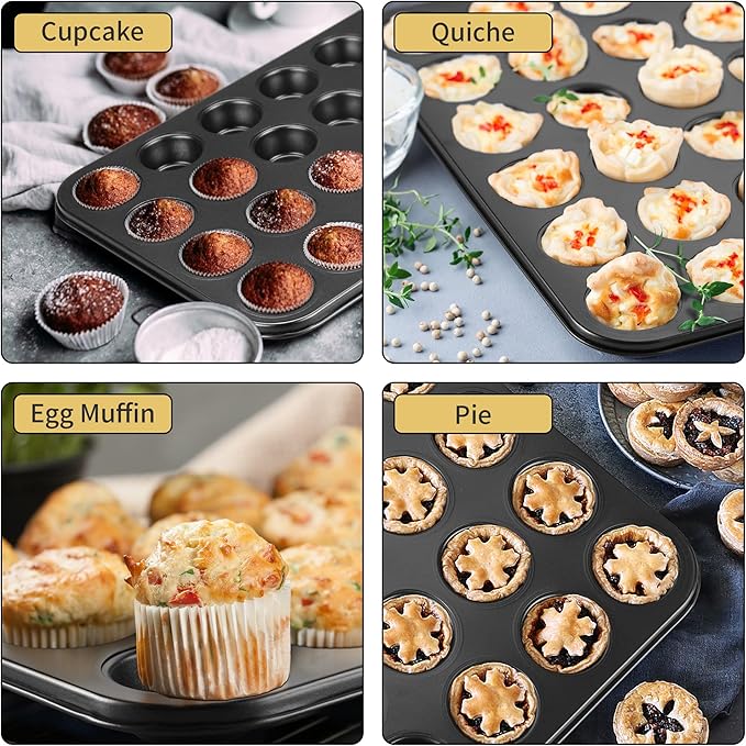 TeamFar Mini Muffin Pan, 24-Cup Non-Stick Carbon Steel Cupcake Tray Tin for Baking, Small Cup Cake Bakeware for Bite-Sized Cheesecake Tart Quiches, Even Baking & Effortless Release & Easy Clean