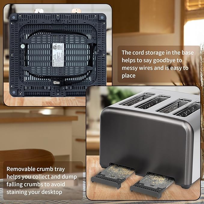 SEEDEEM Toaster 4 Slice, Stainless Toaster & Touch Control, LCD Display, 6 Bread Type, 7 Shade Settings, 1.5'' Wide Slots, Cancel/Defrost/Reheat, Removable Crumb Tray, 1800W, Dark Metallic