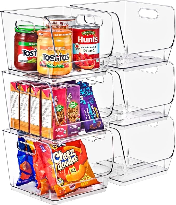 Sorbus Stackable Storage Bins Open Front, Clear Stackable Storage Bins, Pantry Bins for Storage and Organization, Acrylic Stackable Bins for Kitchen, Clear Pantry Organizer Bins (Medium Sqware 6 Pack)