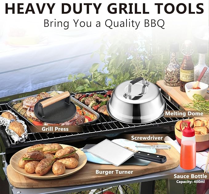 Griddle Accessories Smash Burger Kit (5Pcs), Joyfair Grill Spatula with 9in Melting Dome & Bacon Press Set, Stainless Steel Turner, Basting Cover, Cast Iron Press for Outdoor BBQ (ABS Handle)