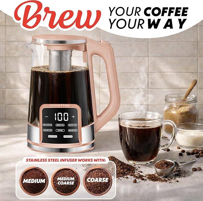 Gourmia Electric Glass Kettle – 1.7L Programmable Tea & Coffee Brewer with Digital Touch Display, 6 Presets, Removable Stainless Steel Infuser, Cordless with 360° Swivel Base, Peach
