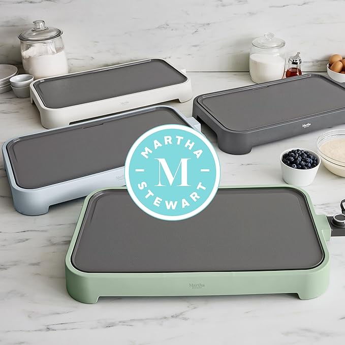 Martha Stewart 12” x 22” Electric Griddle, XL Ceramic Nonstick Flat Top Cooking Surface, Adjustable Temperature Dial, Drip Tray, Dishwasher Safe, 1500W Fast Even Heating, Pancakes & Eggs, Linen White
