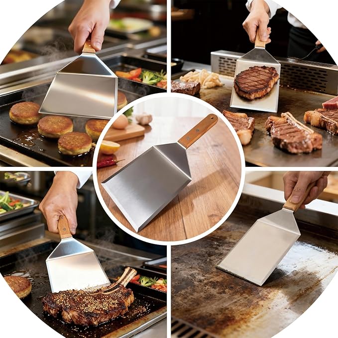 Smash Burger Spatula, Premium Large Meta Spatula - 6x5 inch Extra Wide Spatulas for Griddles & Grills, Steel Heavy Duty, Wooden Handle (1pcs)