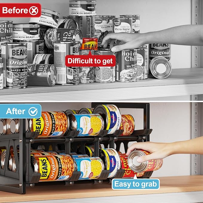 iSPECLE Expandable Can Storage Organizer Pantry, 2 Pack Large Capacity 80 Cans Pantry Organizers and Storage, Auto Rolling Dispenser & Stackable Holder for Deep Pantry Shelves, Black